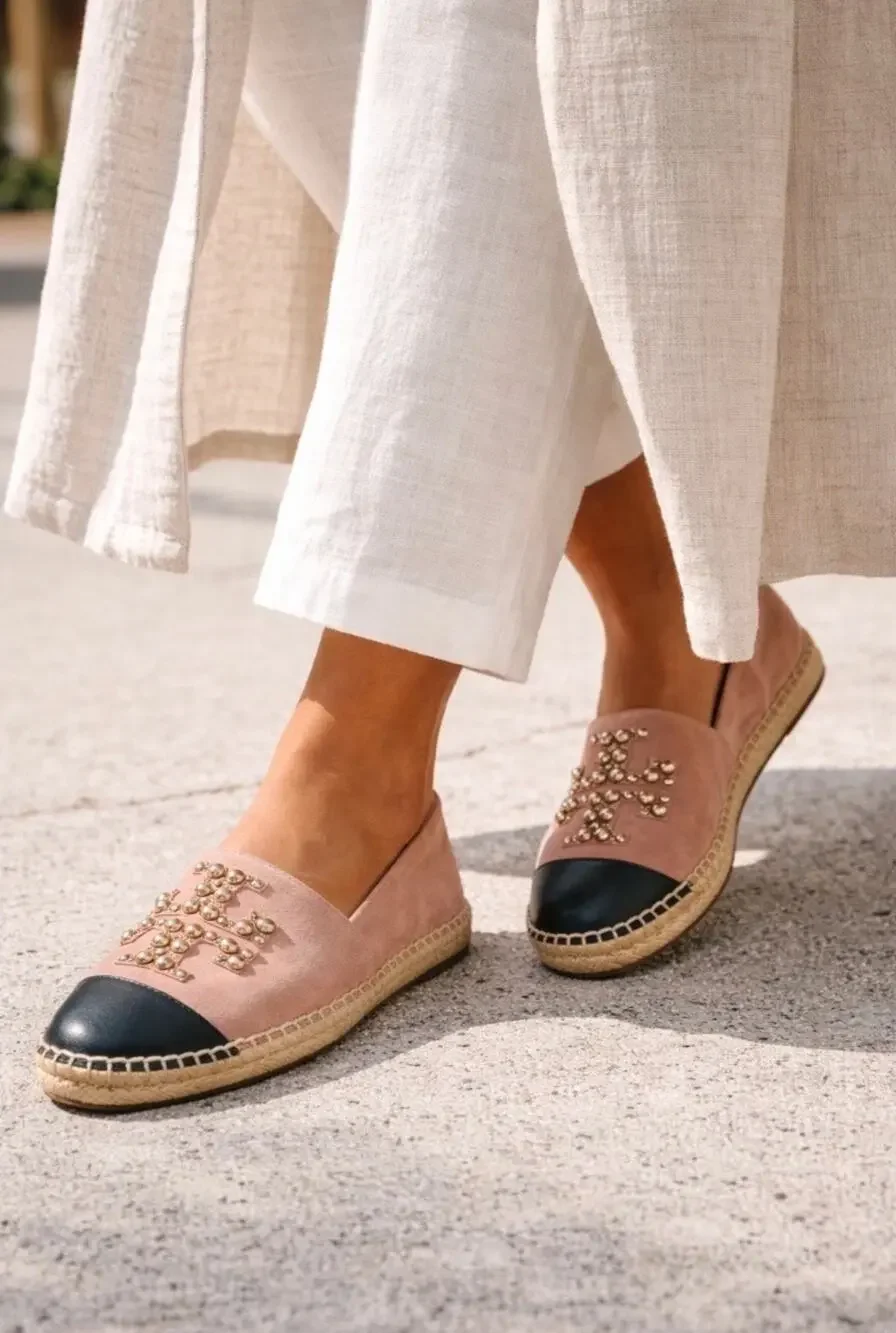Tory Burch Pearl Logo Espadrille Flats Sensory  Suede Meadowsweet Size 10.5
